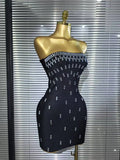 Black Color Women Sexy Strapless Shinning Crystal Bodycon Mini Bandage Dress Celebrate Nightclub Party Cocktail Outfit