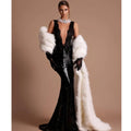 Black Lace Patchwork Sequins Sexy V-Neck Mermaid Floor Length Dress Fashion Woman Party Dress Celebrity banquet Outfit