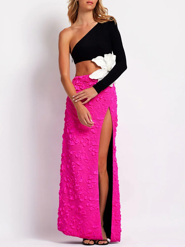 Fashion Party Dresses For Women Autumn Winter Sexy One Shoulder Long Sleeves High Waist Big Flower Decoration Gowns