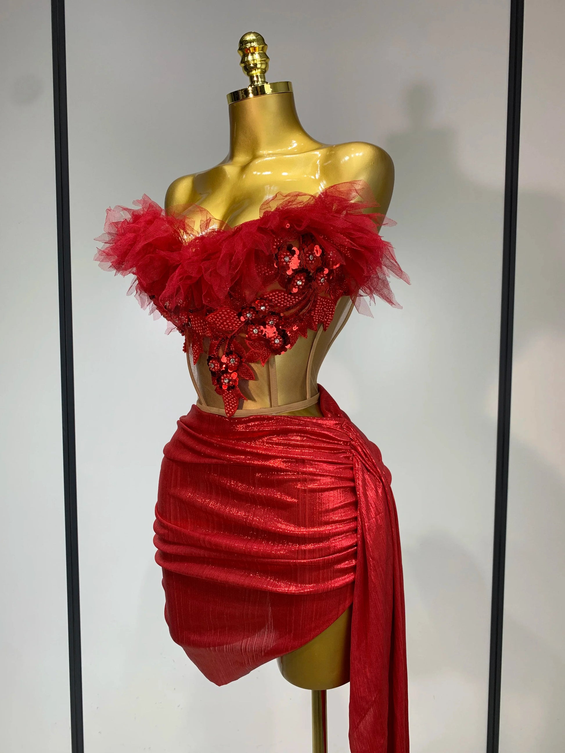 Women Sexy Two Pieces Set Beading Bodycon Mini Dress Nightclub Evening Party Celebrate Birthday Bar Singer Performance Costume