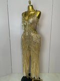 Shiny Gold Rhinestones Sequined Fringe Wide-leg jumpsuit Women Sexy Night Party Club Outfit Singer Stage Perform Costume