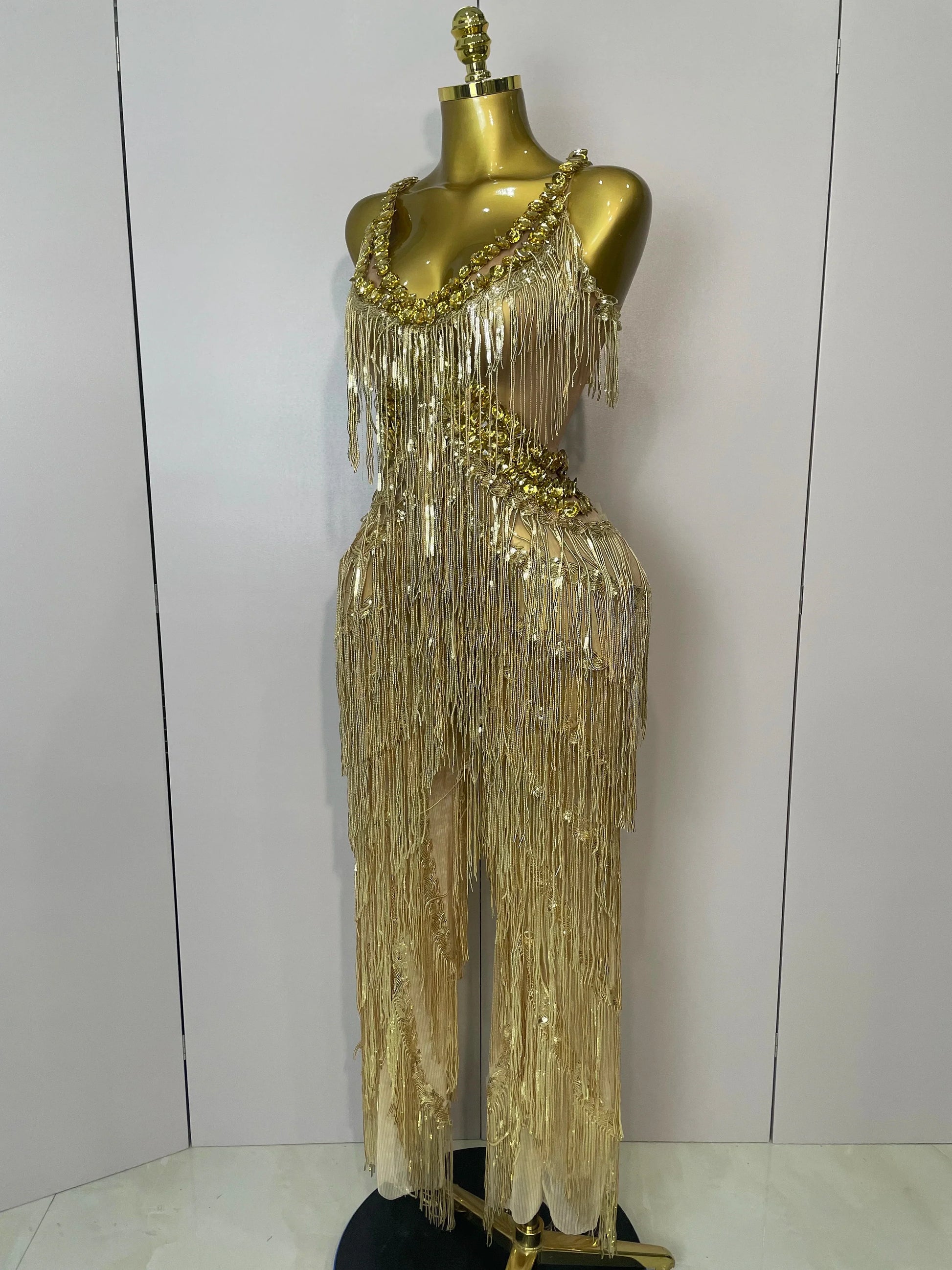 Shiny Gold Rhinestones Sequined Fringe Wide-leg jumpsuit Women Sexy Night Party Club Outfit Singer Stage Perform Costume
