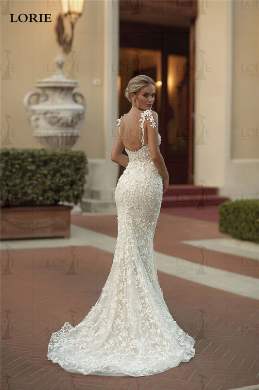 Gaun Pengantin Mermaid Lace yang indah vestido de novia spaghetii strap gaun pengantin gaun pengantin renda appliqued