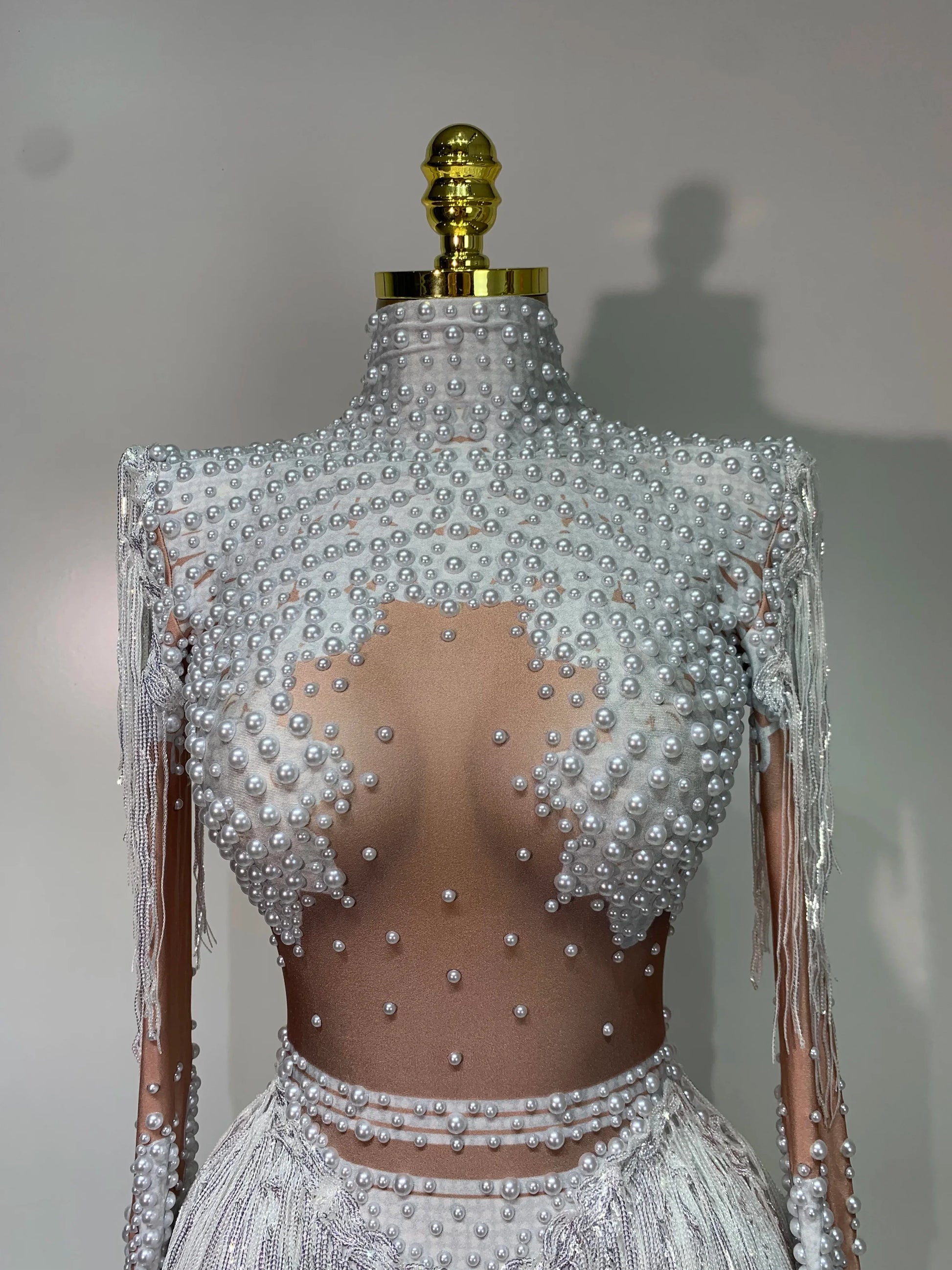 Women Long Sleeve Sexy Stretch Bodycon Shinning Tassels Rhinestones Bodysuit Celebrate Birthday Club Evening Party Stage Outfit