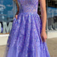 Purple Tulle Bead Prom Dresses Spaghetti Strap vestidos de noche Elegant Sleeveless Floor-Length A-line Formal Evening