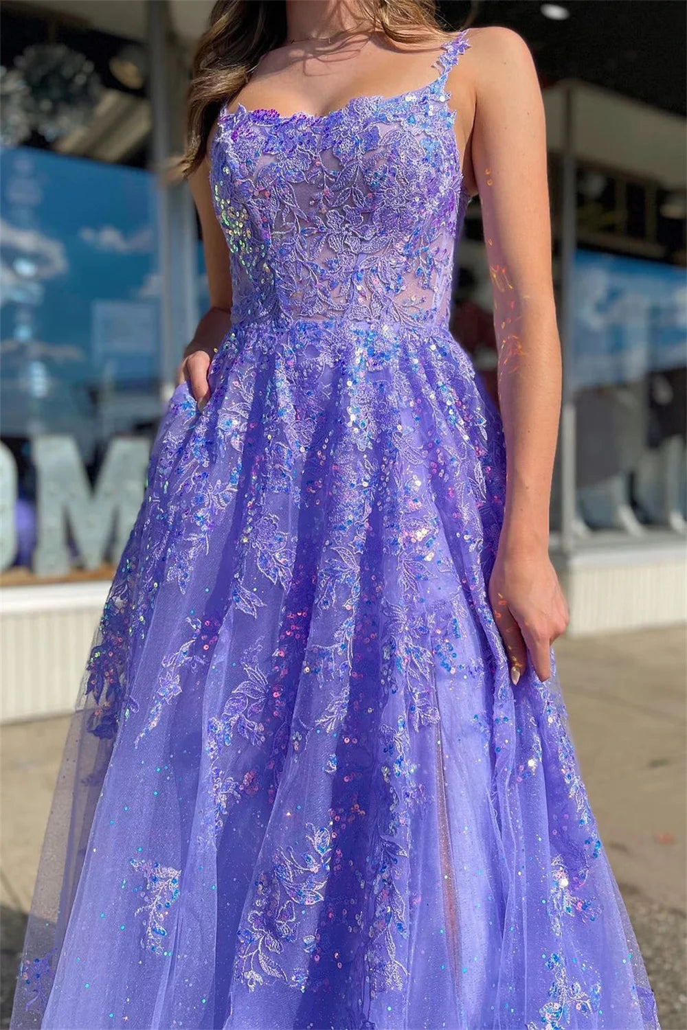 Purple Tulle Bead Prom Dresses Spaghetti Strap vestidos de noche Elegant Sleeveless Floor-Length A-line Formal Evening