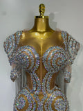 Sparkly Rhinestones Tassel Sexy Mesh Transparent Short Dress Women Evening Party Luxury Birthday Nightclub Singer Stage Costume