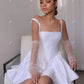 A-Line Short Brides Dress Square Collar Wedding Party Dresses for Women Detachable Tulle Sleeves Pearls Cocktail Gowns