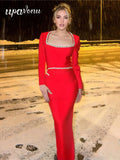 Elegant Women Dress Light Luxury Diamond Design Bandage Dress Square Neck Long Sleeve Bodycon Christmas Red Dress Vestidos