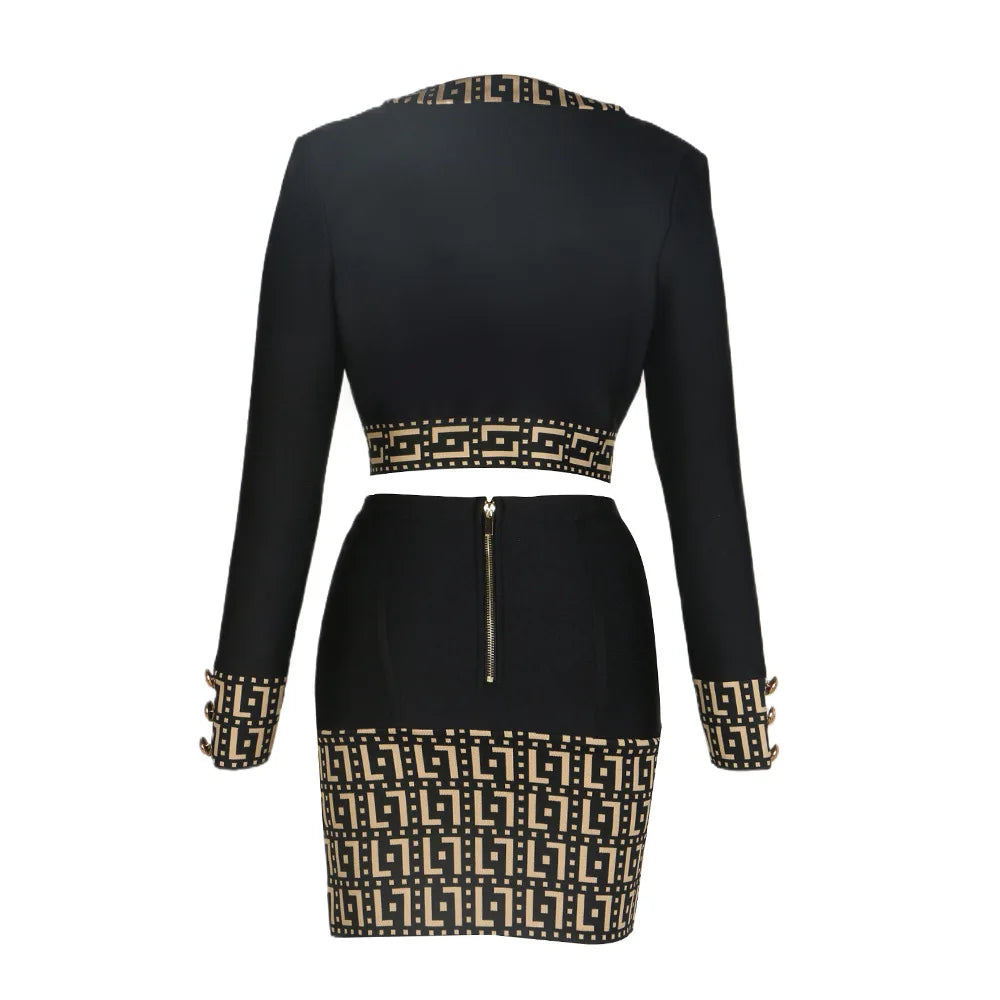 Autumn Starfish Woman Banage Set Golden Buttons Short Coat And Mini Skirt 2 Pieces Fashion Woman High Street Wear