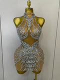 Sparkly Rhinestones Sexy Mesh See Through Dress Party Evening Prom Celebrate Birthday Dress Singer Dancer Show Stage Wear Silver