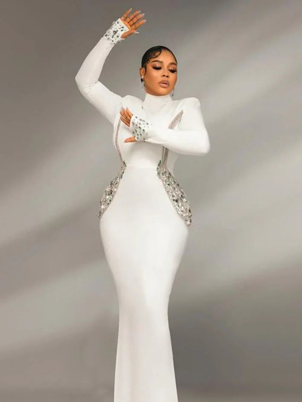 Sexy Women's Heavy Industry Beaded Bandage Dress Bodycon Stand Collar Long Sleeve Midi Dress Cocktail Evening Party Vestido