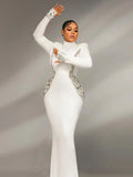 Sexy Women's Heavy Industry Beaded Bandage Dress Bodycon Stand Collar Long Sleeve Midi Dress Cocktail Evening Party Vestido