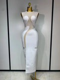 Women Sexy Mesh Patchwork Bandage Round Neck Sleeveless Bandage Dress Celebrity Elegant Evening Party Dress Club Wedding Gown WHITE