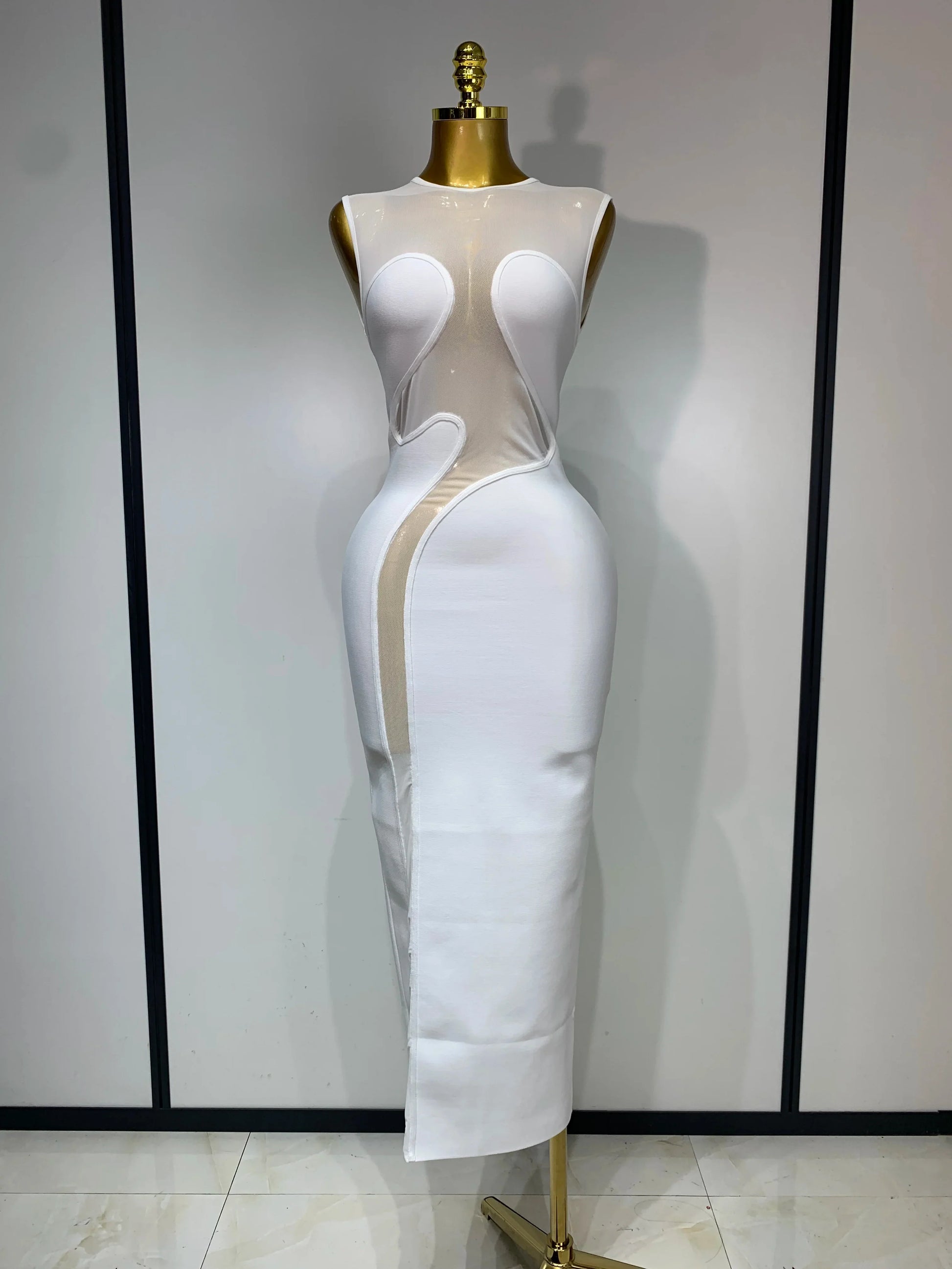 Sexy O Neck Mesh Bodycon Bandage Dress Evening Party Gown Celebrity Elegant Luxury Birthday Club Dresses WHITE