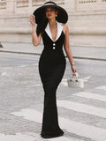 Stylish Black White Color Block Deep V-Neck Halter Sleeveless Long Dress Summer Date Daily Gown