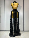 Black Mesh Sequins Sexy Halter See Through Dress Evening Party Prom Nightclub Singer Performance Costume Stage Wear