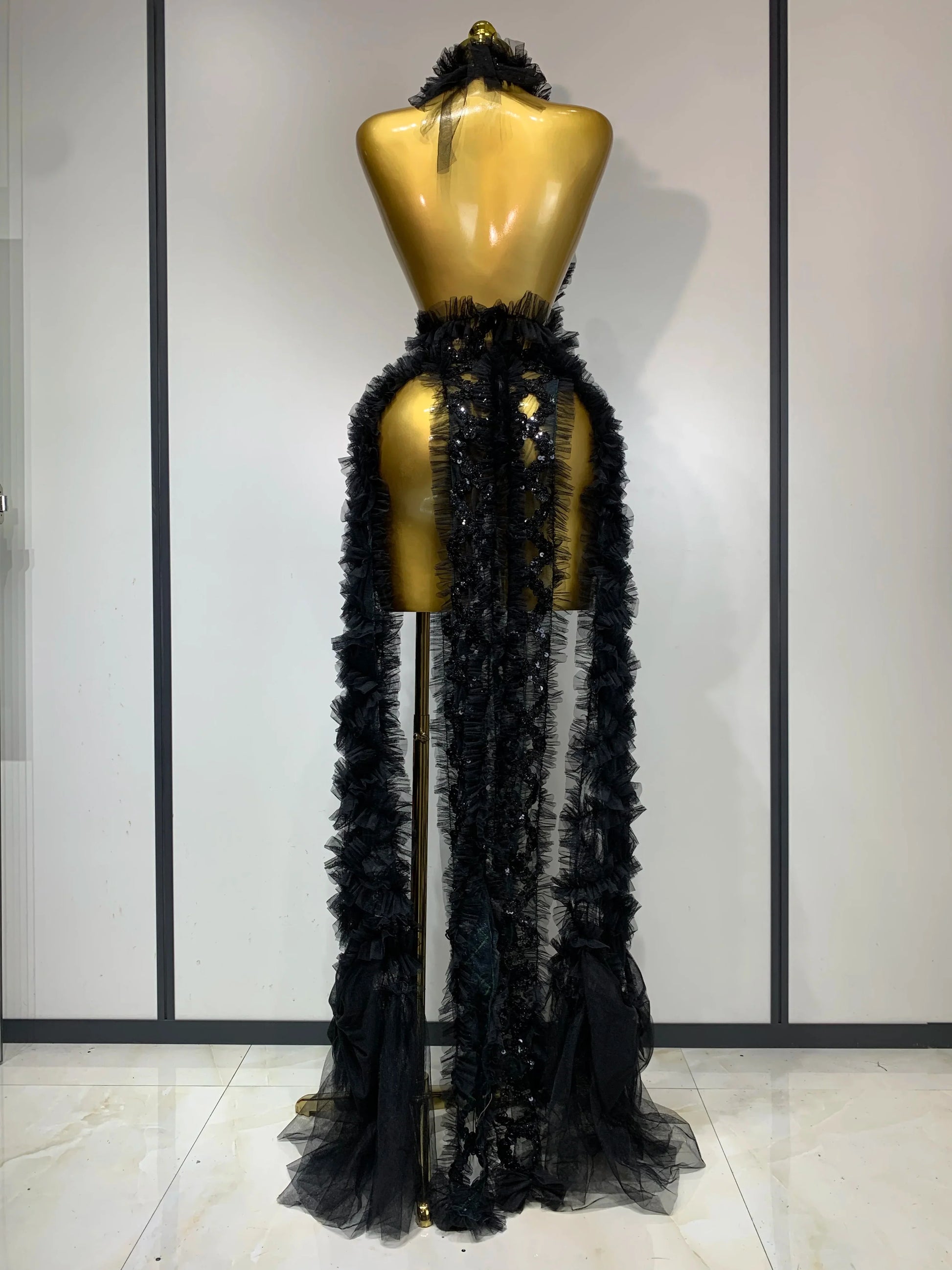 Black Mesh Sequins Sexy Halter See Through Dress Evening Party Prom Nightclub Singer Performance Costume Stage Wear