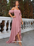 Pink Spaghetti-Strap Bridesmaid Dresses Chiffon V-Neck Ruffles A-Line Side Split Backless Wedding Guest Dresses Customized