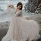 Vintage Beach Bohemia Wedding Dress Dot Tulle Pleats Sexy Deep V Open Back Lace Bell Sleeves Unique Bridal Gowns