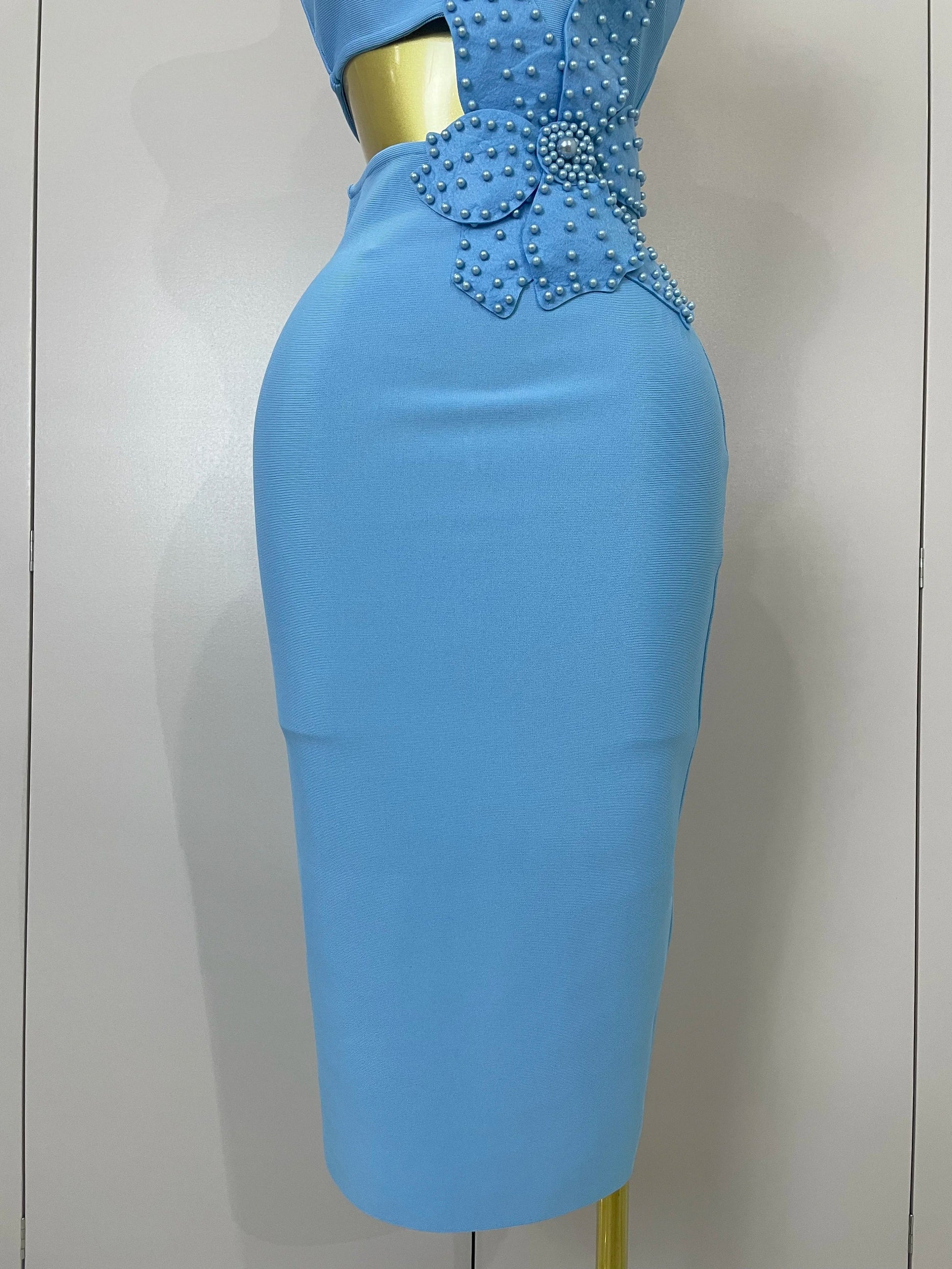 Luxury Sexy One Shoulder Pearl Sky Blue Bodycon Bandage Dress Women Celebrity Elegant Evening Club Birthday Party Outfit