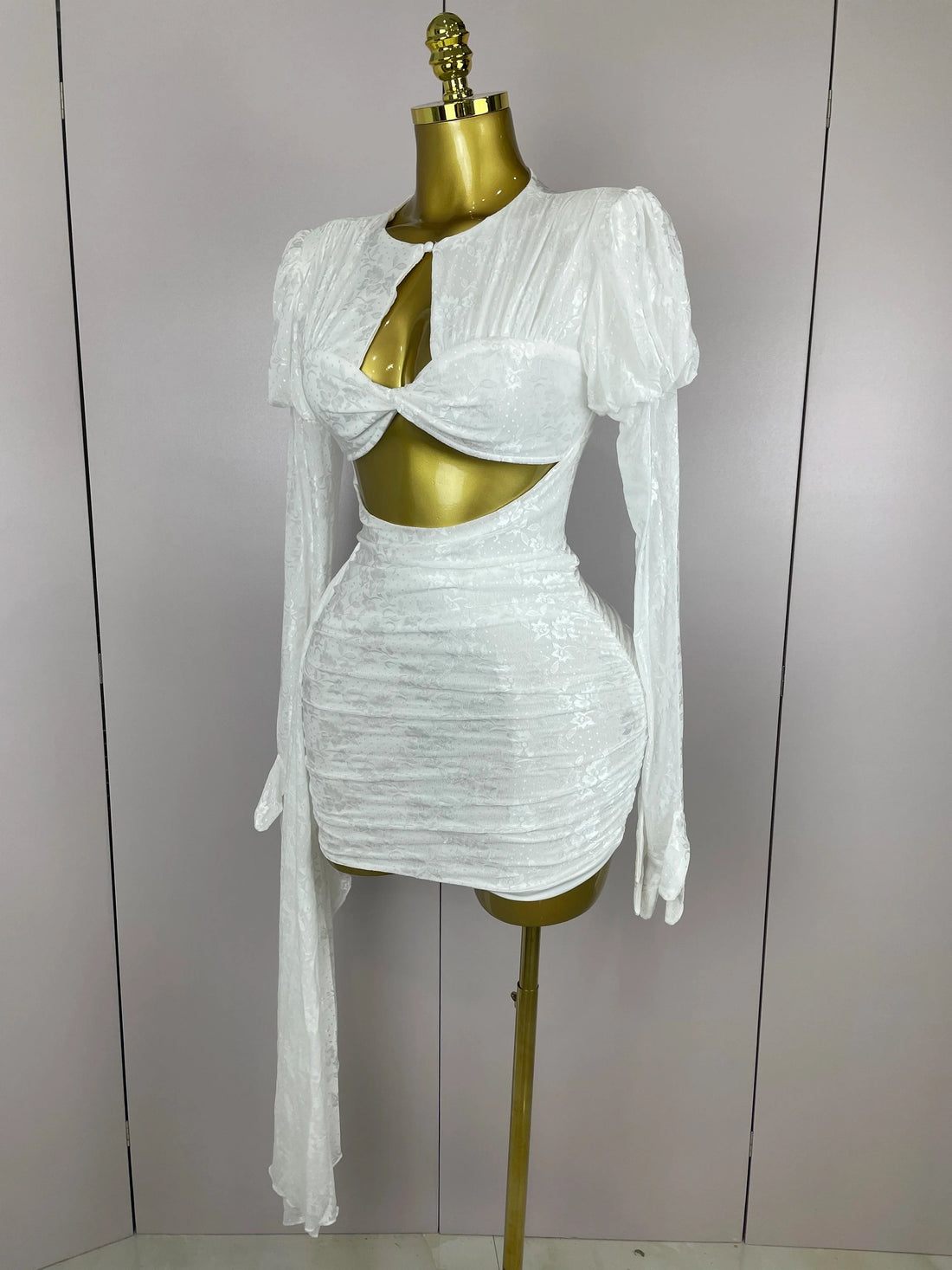 Women White Birthday Dress Fashion Long Sleeve O Neck Cut Out Bodycon Mini Trailing One Piece Celebrity Evening Club Dresses WHITE