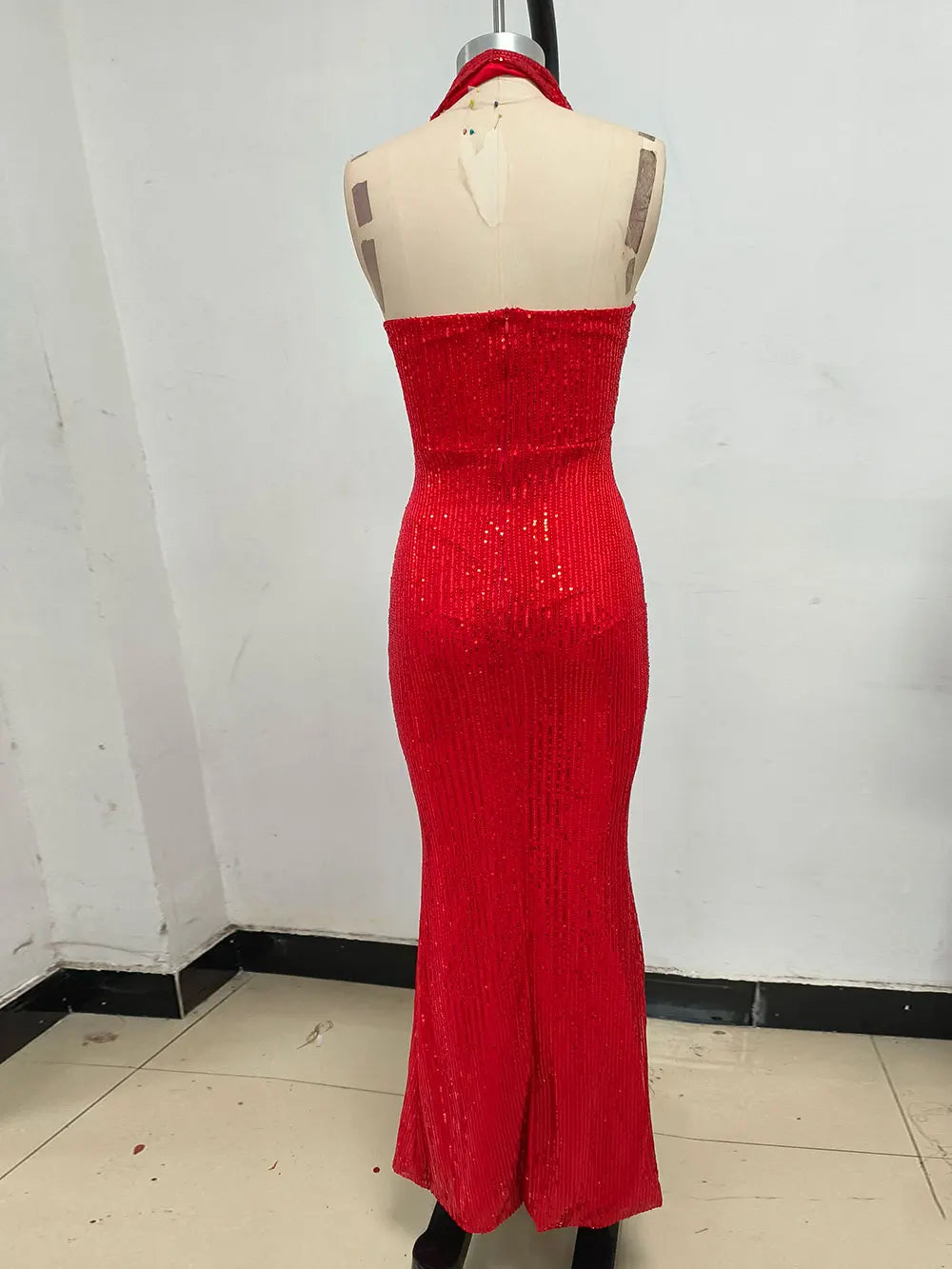 Sexy Women's Maxi Red Sparkle Dress with Hanging Neck Sleeveless Bodycon Backless Long Dresses Evening Club Party Vestidos