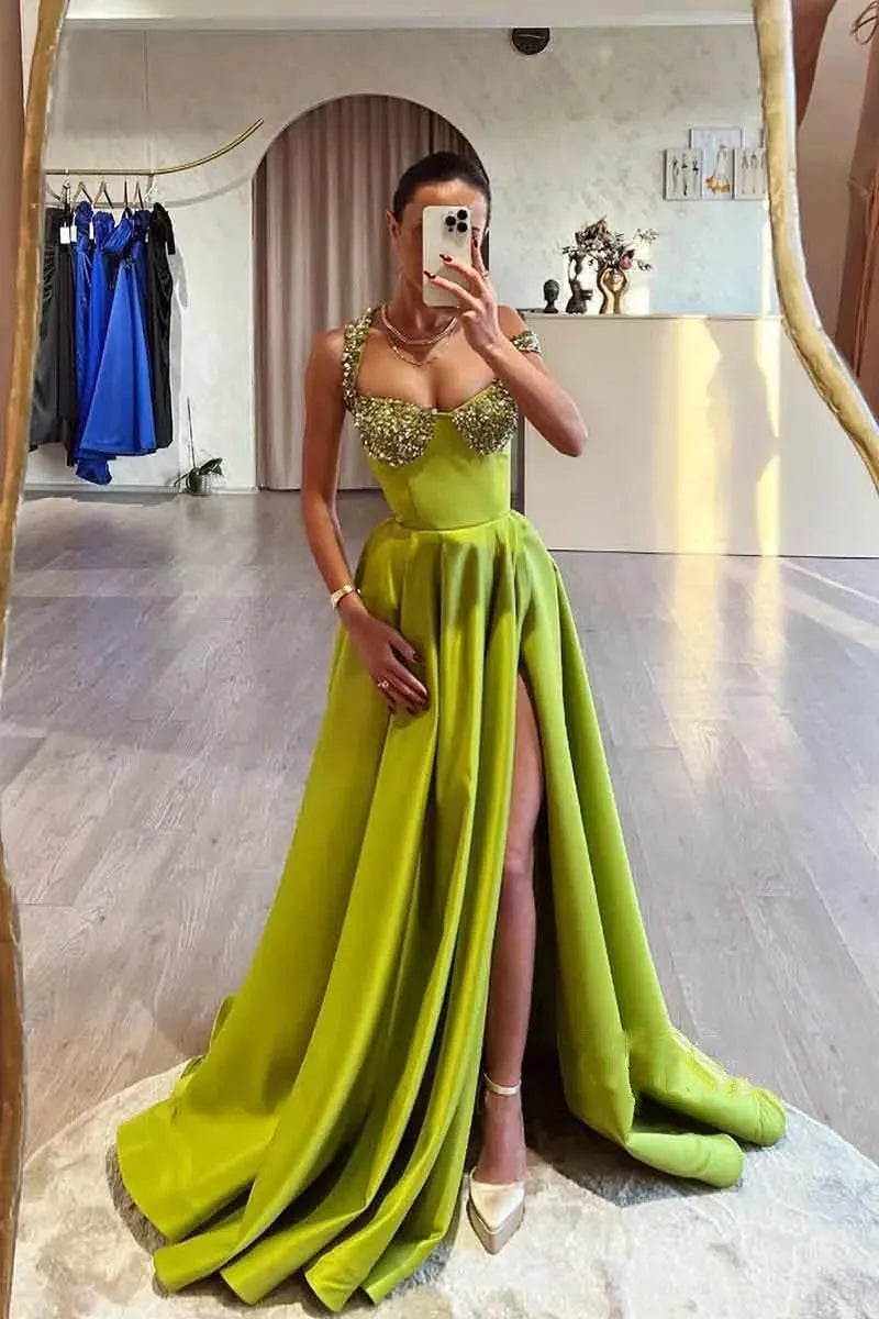 Rhinestone Beaded Prom Dresses Off Shoulder A Line Front Slit V Neckline Front Slit A Line Sweep Train Evening Gown Formal Party olive green