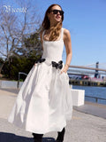 Fresh White Spaghetti Sleeveless Square-Neck with Lace Butterfly Details Midi Dress for Garden Party Gown