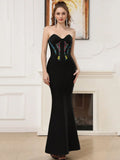 Elegant Women's 3D Decorative Fishtail Bandage Dress Strapless Sleeveless Bodycon Backless Long Dress Dinner Party Vestidos black