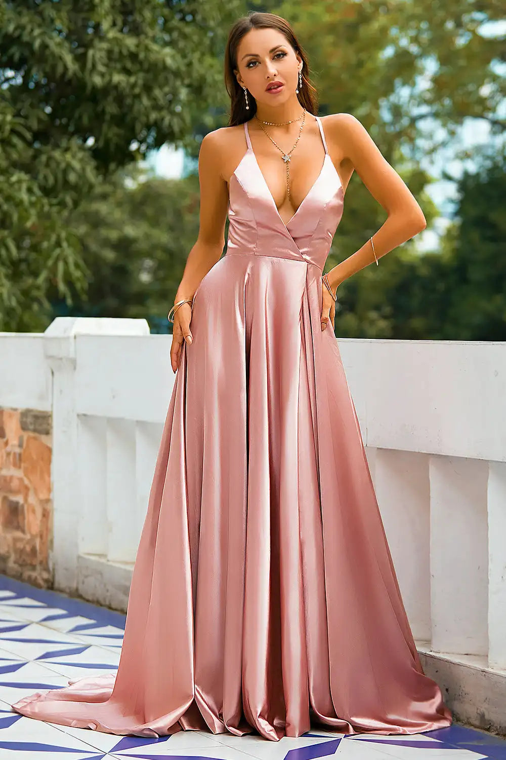 Pink Evening Dresses Elastic Satin Front Slit Deep V Neck Sexry Long A Line Spaghetti Strap Formal Party Prom Gowns