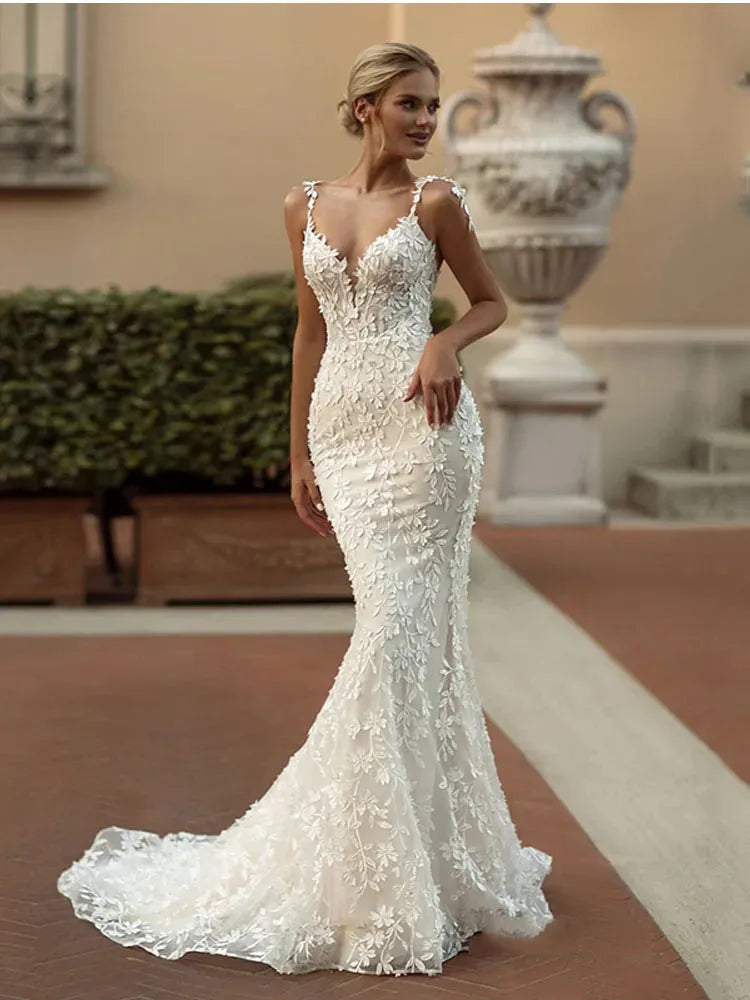 Exquisite Lace Mermaid Wedding Dresses vestido de novia Spaghetii Strap Bridal Gowns Appliqued Lace Wedding Gowns 24w