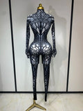 Women Sexy Black Rhinestone Stretch Bodycon Jumpsuit Club Evening Party Birthday Wear Singer Dancer Stage Perform Costume