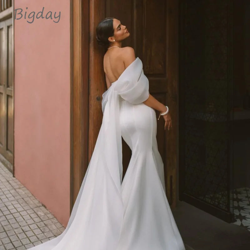 Gaun Perkahwinan Mermaid yang elegan wanita putih dari bahu terbuka belakang gaun pengantin sweep kereta api vestidos de novia