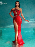 Red Diamonds Mermaid Dress Beaded Diagonal One-shoulder High Split Crystals Details Maxi Banquet Evening Party Gown