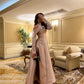 Luxury Sequins Neck Prom Dress Nude Pink Evening Dress Long Sleeve فستان سهرة Floor Lenght Silk Party Dresses