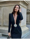 Autumn Shining Diamonds Sexy V-Neck Package Hip Black Floor Length Dress Graceful Woman Party Dress Cocktail Party Outfit