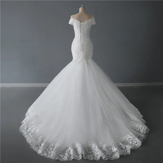 New Autumn Mermaid Wedding Dresses With Trian Elegant Boat Neck Trumpet Dress Luxury Lace Real Ptoho Vestido De Noiva