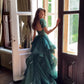 Green A-Line Glitter Wedding Dresses Sweetheart Ruffles Bridals Party Gowns Short Sleeves Formal Brides Dress with Train