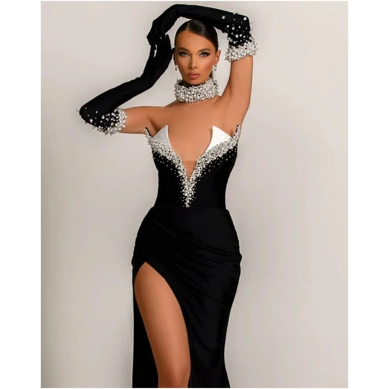 Luxury Pearl Beading Necklace Fashion Golves Black Velvet Strapless Floor Length Dress Celebrity Party Dress Birthday Vestido