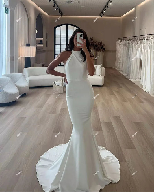Generous Mermaid Wedding Dresses Halter Sleeveless Brides Dress for Women Backless Button Sweep Train Bridals Gowns