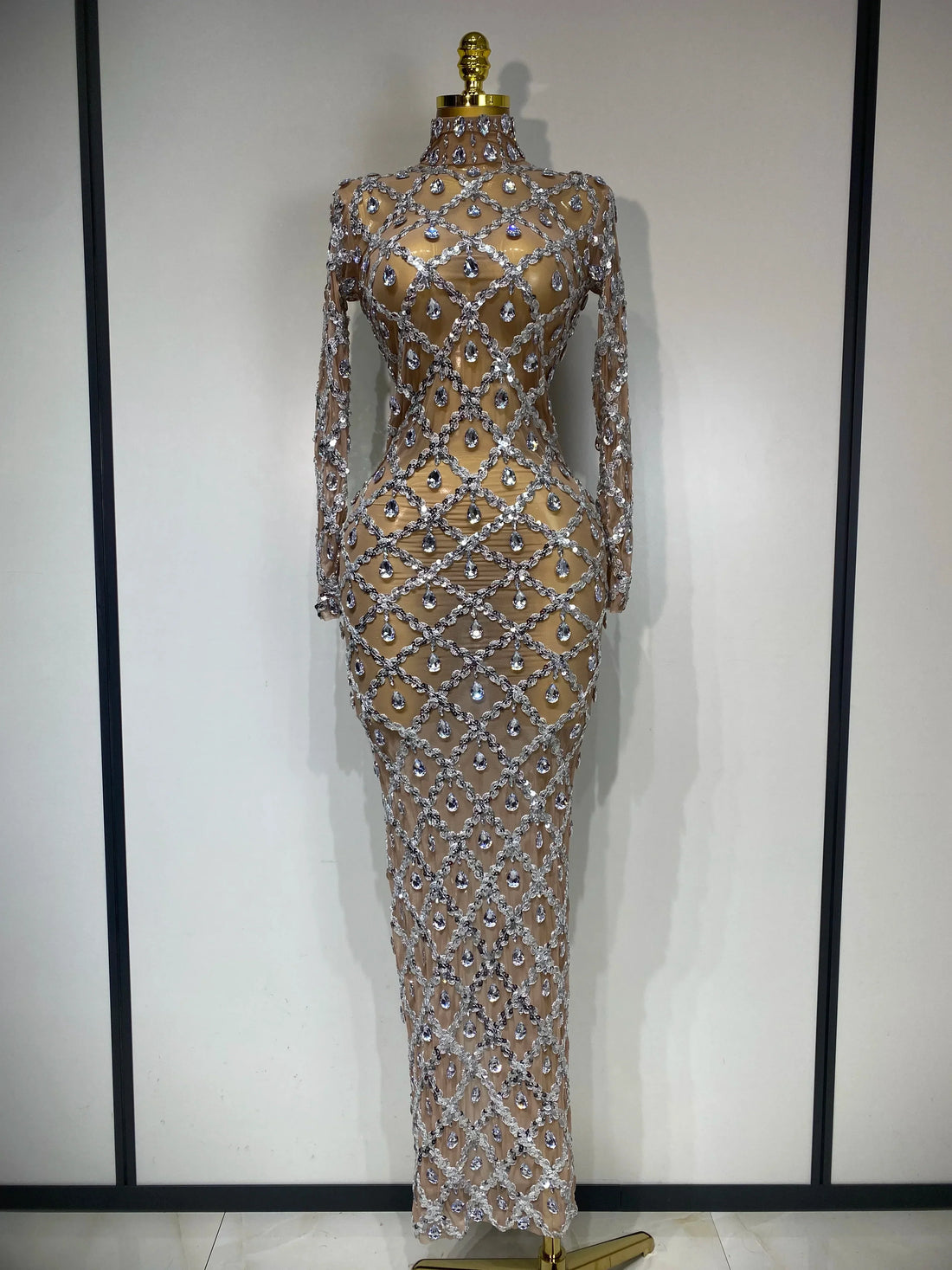 Women Sexy Luxury Birthday Dress Stage Shining Rhinestone Sequin Long Dress Evening Prom Gown Transparent Singer Club Host Dress Silver