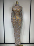 Women Sexy Luxury Birthday Dress Stage Shining Rhinestone Sequin Long Dress Evening Prom Gown Transparent Singer Club Host Dress Silver