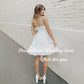 Manik bowing mini mini ruffles tulle wedding party dress tong spaghetti di atas lutut lutut gaun pengantin puteri
