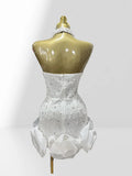 Luxury Diamond Beading Sexy V-Neck Halter Sleeveless White Mini Dress Woman Wedding Party Vestido Birthday Party Outfit