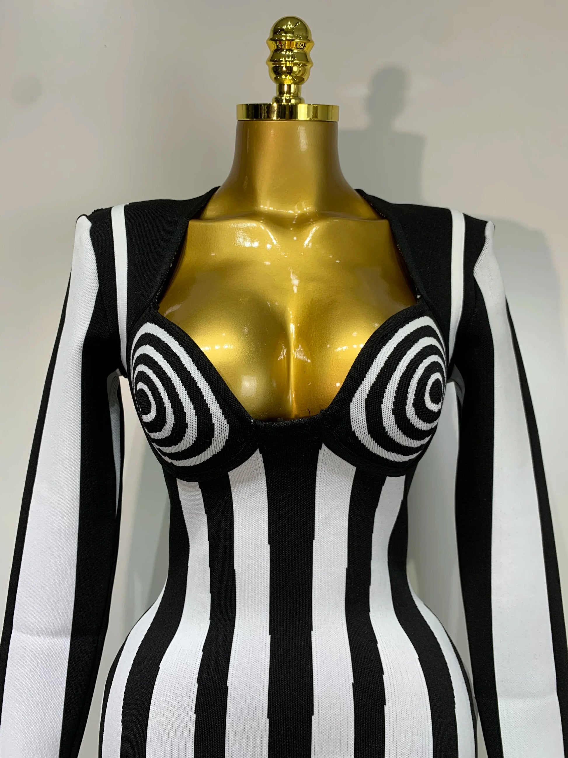 WomenLuxury Sexy Long Sleeve Stripe Black White Mini Bandage Dress Knitted Celebrity Elegant Evening Club Birthday Dresses