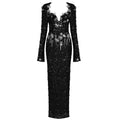 Black Sequins Sweet Heart Neckline Long Dress Hollow Out Low Cut Long Sleeves Diamond Flowers Details Bodycon Evening Gown black