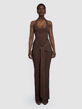 Sleek Modern Brown Halter Backless Maxi Dress with Waist Tie Drape Details for Party Evening Gown