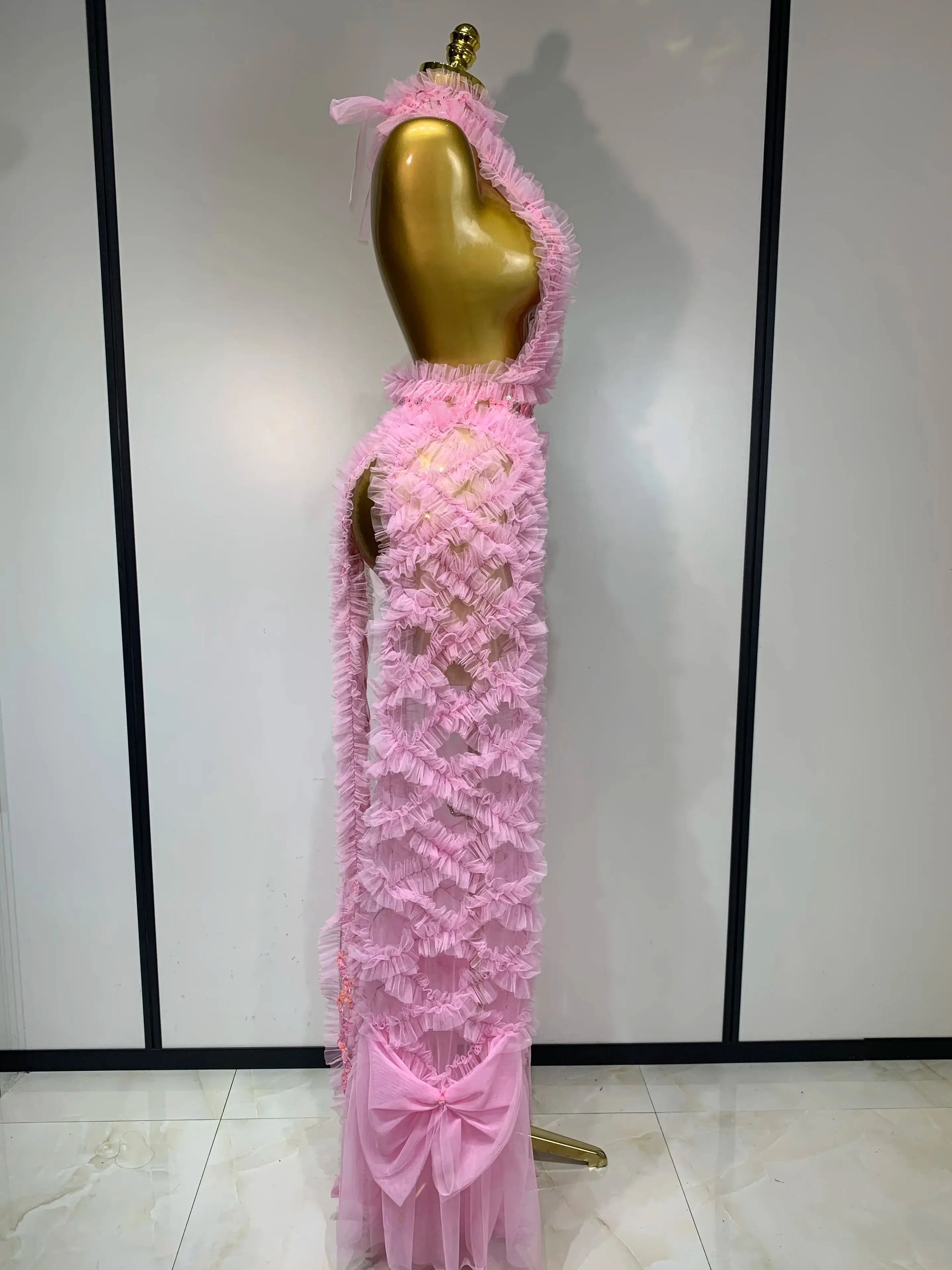 Mesh Sequins Sexy Backless Halter See Through Dress Birthday Evening Party Prom Nightclub Singer Stage Performance Costume