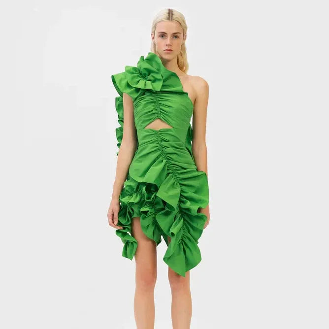 Asymmetric Ruffle Short Prom Dresses with Center Front Cutout One Shoulder Ruffles Cocktail Dress Customized vestidos de fiesta Green